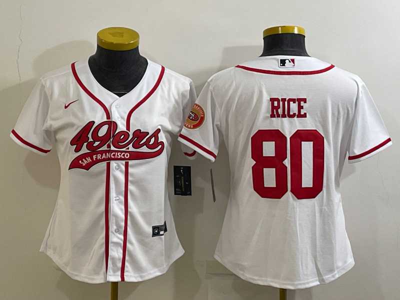 Women%27s San Francisco 49ers #80 Jerry Rice White With Patch Cool Base Stitched Baseball Jersey